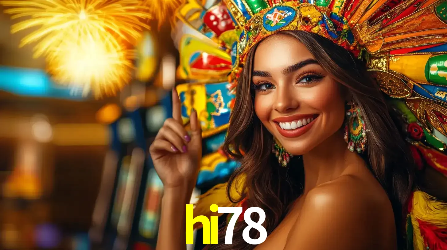 Mulher sorridente com um cocar de carnaval vibrante e colorido, celebrando uma grande vitória nos jogos do cassino hi78 com fogos de artifício ao fundo.