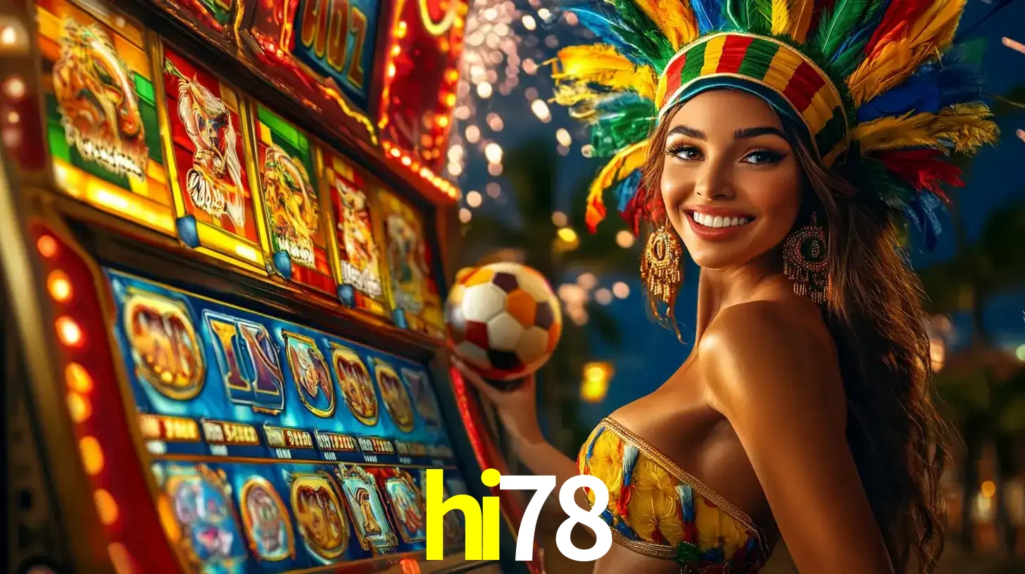 Mulher com um cocar de carnaval ao lado de uma máquina de caça-níqueis enquanto segura uma bola de futebol, mostrando a união da diversão de cassino e esportes no hi78.