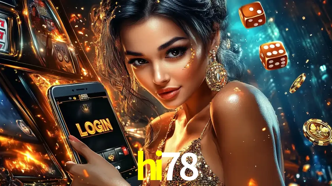 Mulher glamourosa segurando um celular com a tela de login do cassino hi78, rodeada por dados e moedas douradas, pronta para começar a diversão.