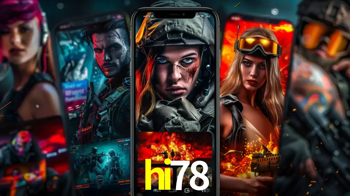 Montagem de telas de celular mostrando diversos personagens, masculinos e femininos, de um jogo de tiro, ilustrando a diversidade de equipes de e-sports para apostar no hi78.
