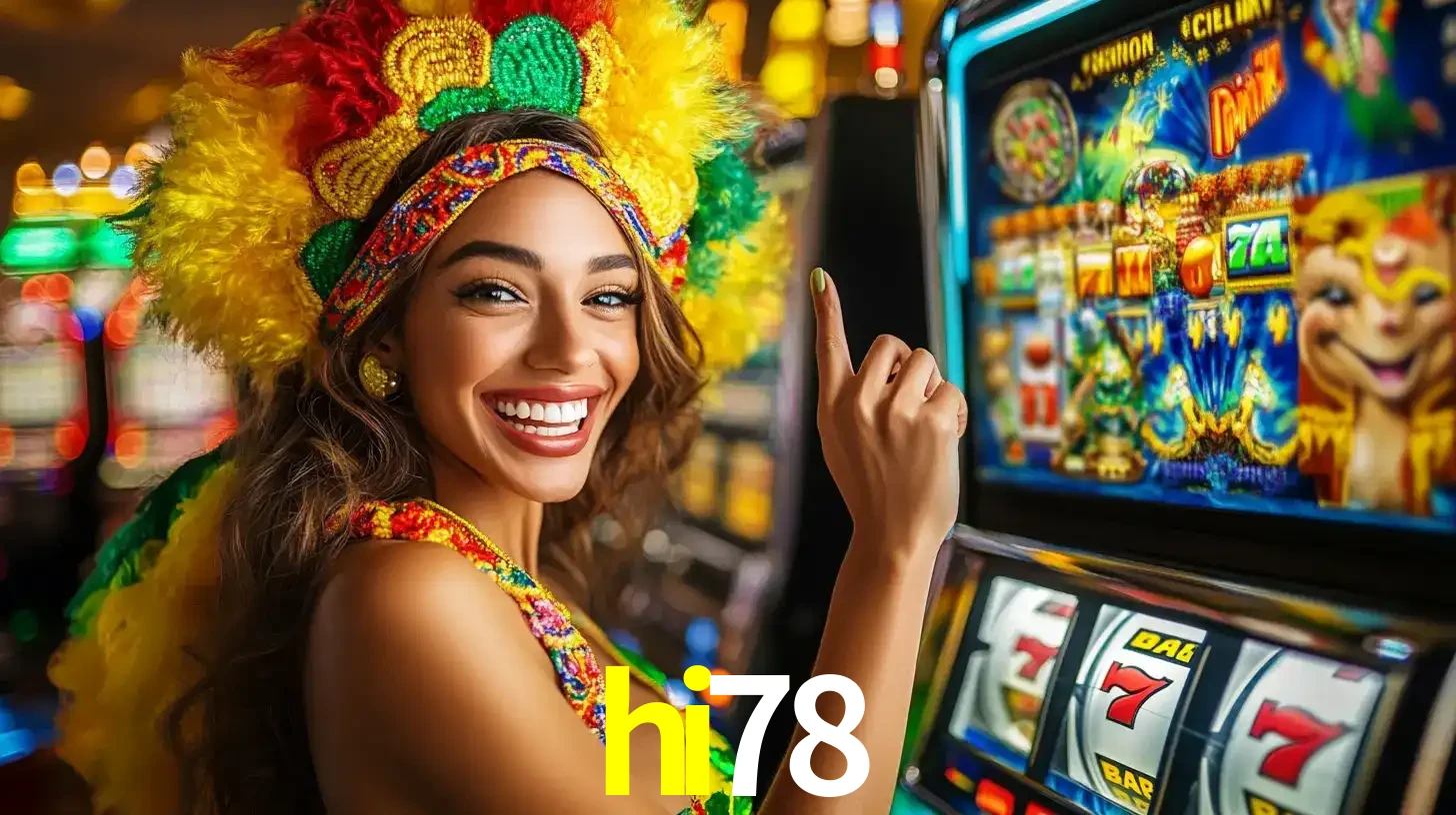 Mulher animada com um cocar de carnaval apontando para uma máquina de caça-níqueis, mostrando a emoção de ganhar um grande prêmio nos jogos do hi78.