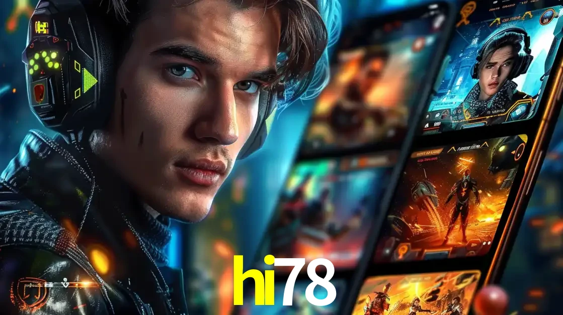 Jovem jogador com fones de ouvido olhando para a câmera, com um aplicativo de jogos e e-sports para celular ao fundo, pronto para a competição e apostas no hi78.