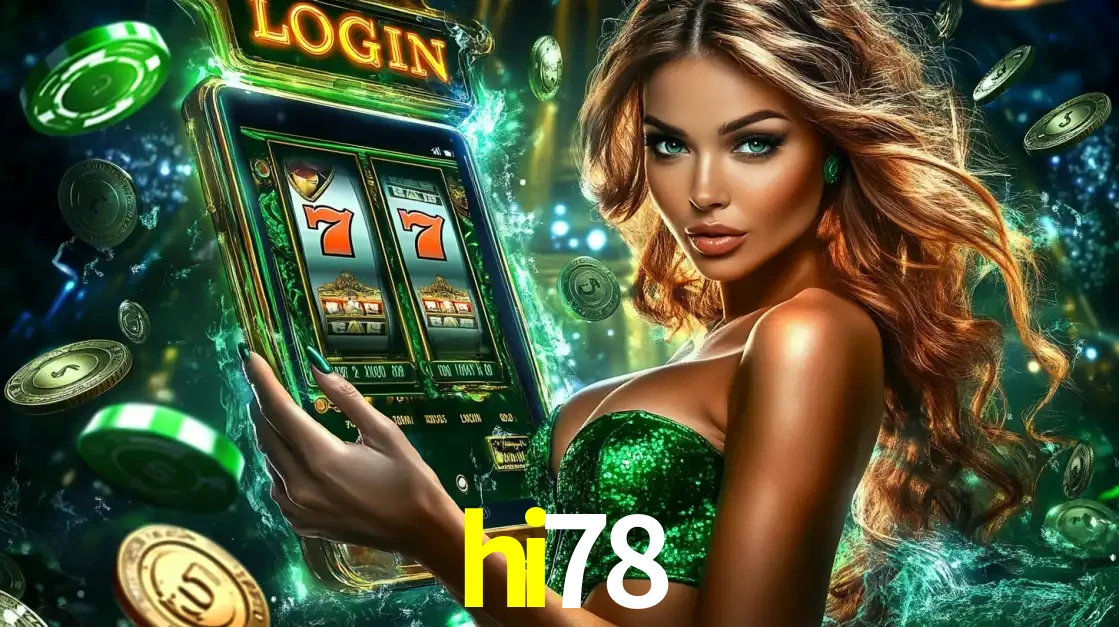 Mulher com tema verde apresentando o aplicativo do cassino hi78 com um jogo de slot de 777, cercada por fichas de cassino e uma aura de sorte.