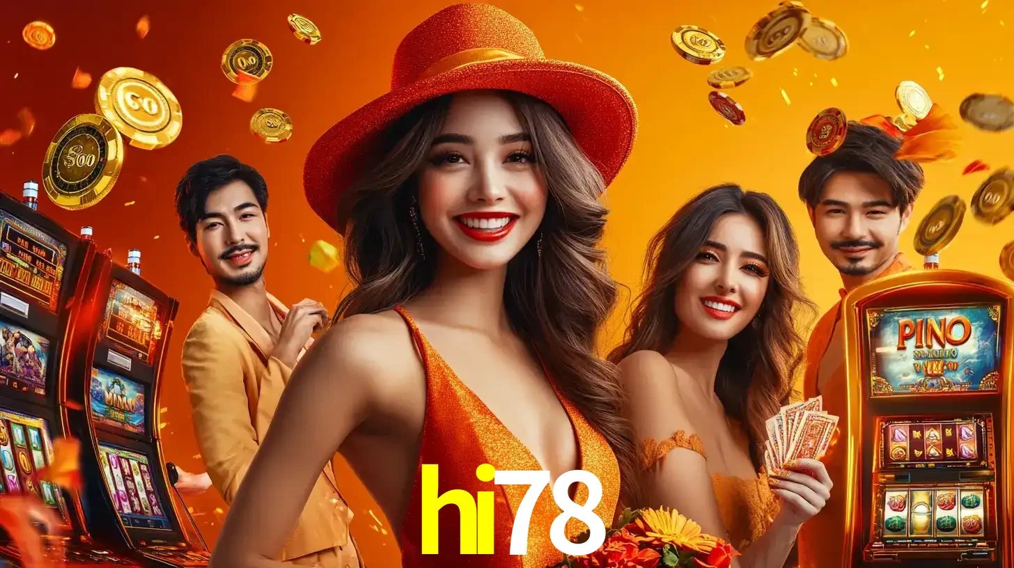 Grupo de amigos asiáticos sorrindo e se divertindo com máquinas de caça-níqueis em um ambiente festivo, celebrando suas vitórias nos jogos de cassino do hi78.