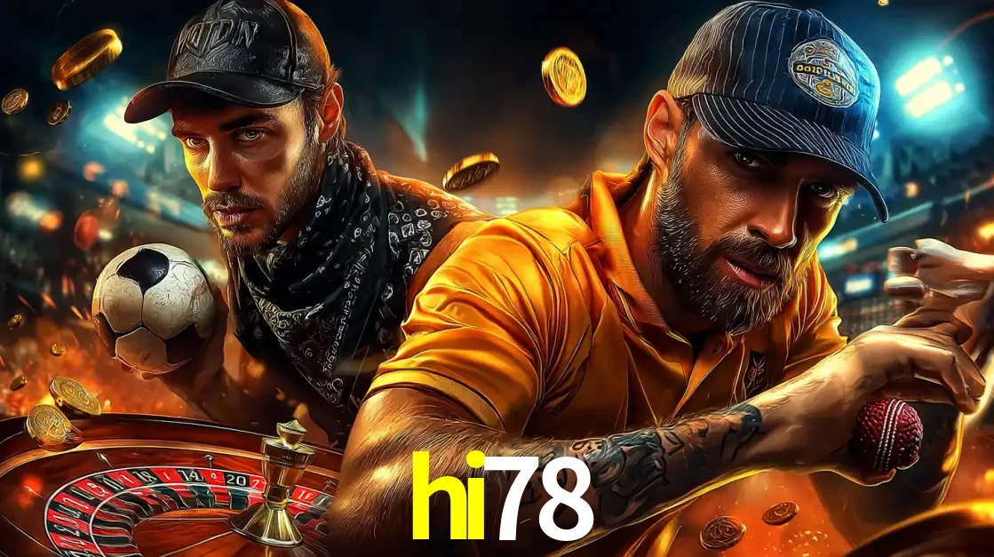 Montagem de apostas esportivas e cassino no hi78, com um homem segurando uma bola de futebol e outro uma de beisebol sobre uma roleta e moedas voadoras.