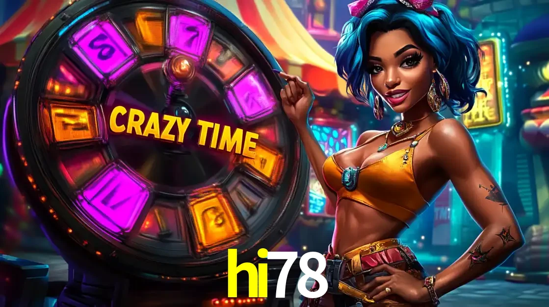 Mulher estilizada com cabelo azul e visual vibrante posando ao lado da roda de prêmios do game show Crazy Time, convidando para a diversão e os bônus do cassino hi78.