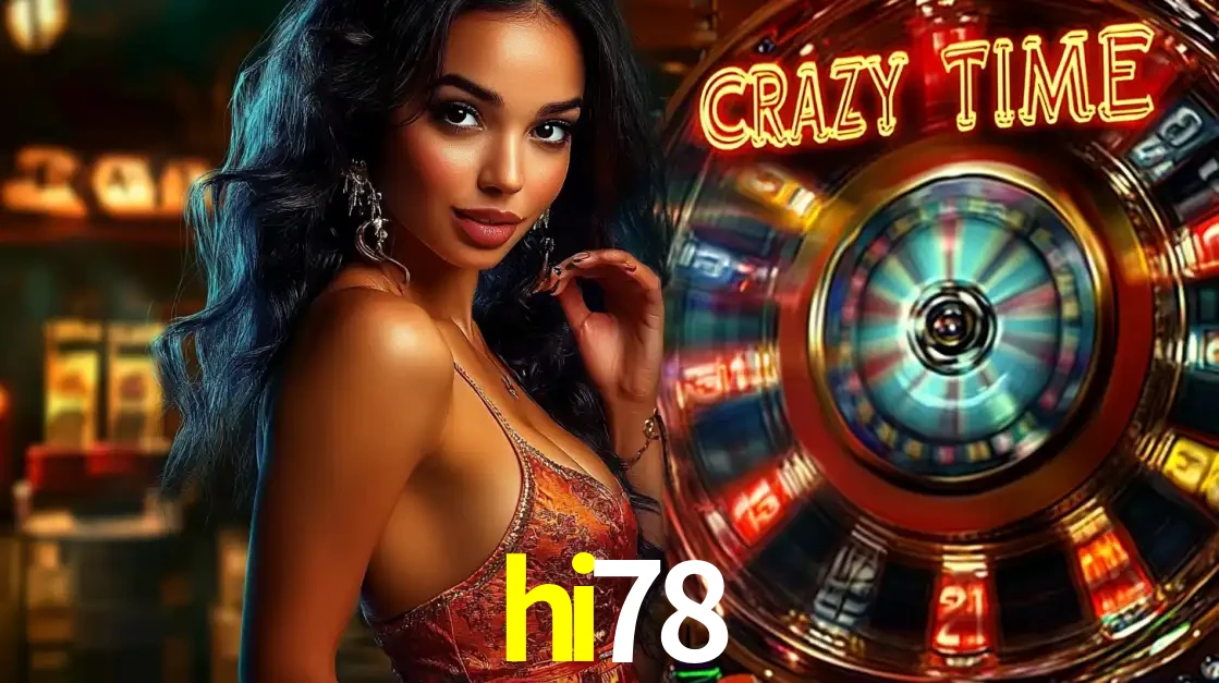 Mulher elegante ao lado da vibrante roda da fortuna do jogo de cassino ao vivo Crazy Time, um dos game shows mais populares e cheios de prêmios do hi78.