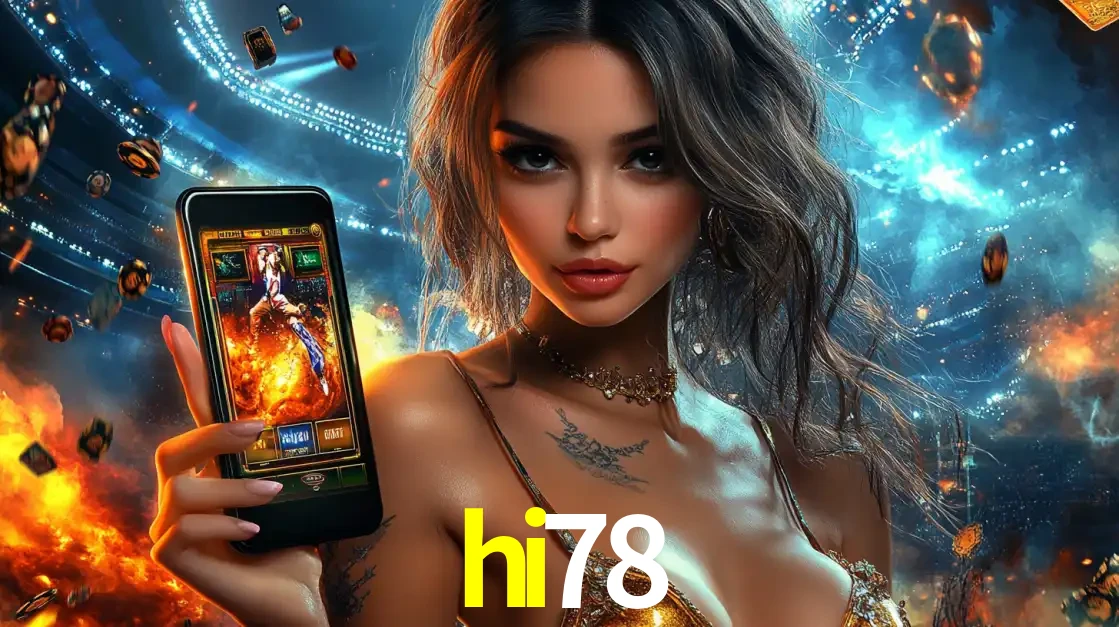 Mulher segurando um celular com um jogo de slot em destaque, tendo como fundo um estádio vibrante, simbolizando a emoção de jogar no cassino móvel hi78.