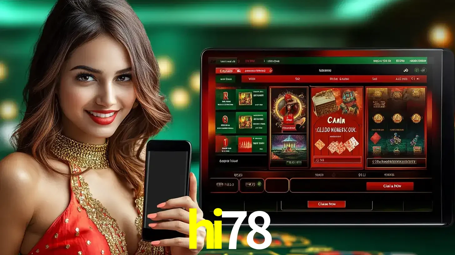 Mulher sorridente segurando um smartphone, ao lado de uma tela exibindo o lobby de jogos do cassino online hi78, com várias opções de jogos de cartas e slots.